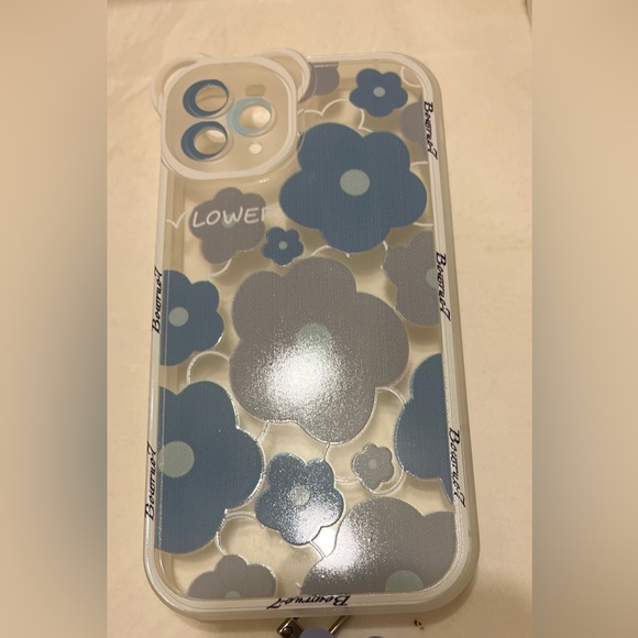 iPhone 11 ProMax Clear Blue Flower Prints W/ Matching Wrislet Chain - Picture 3 of 6